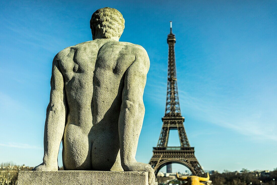 Statue of man sitting at the Trocadero and looking at the Eiffel tower, Paris, France.