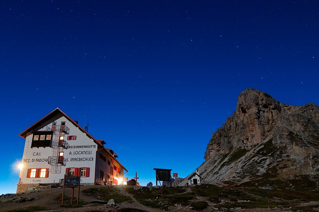 Refuge Locatelli, under a starry sky, Sesto Dolomites Trentino Alto Adige, south tyrol, Bolzano district, Dobbiacco, Italy, Europe, Dolomites.