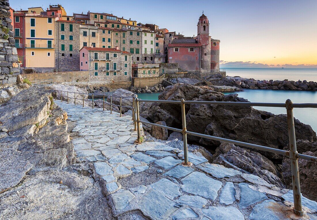 Spring sunset on the rock walk at Tellaro, Lerici, La Spezia gulf, Liguria, Italy.