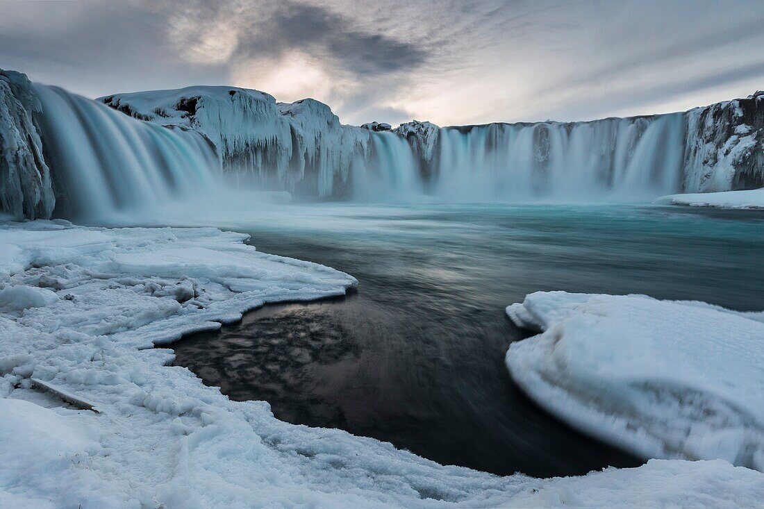 Gullfoss waterfall in norther Iceland near Akureyri after the sunset, during the blue hour in a cold winter evening.