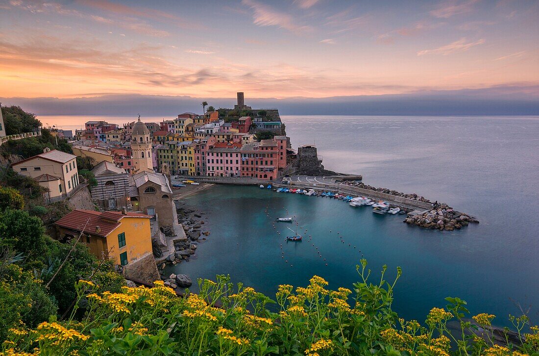 Sunrise in Vernazza, 5 terre natural park, province of La Spezia, Liguria, Italy.