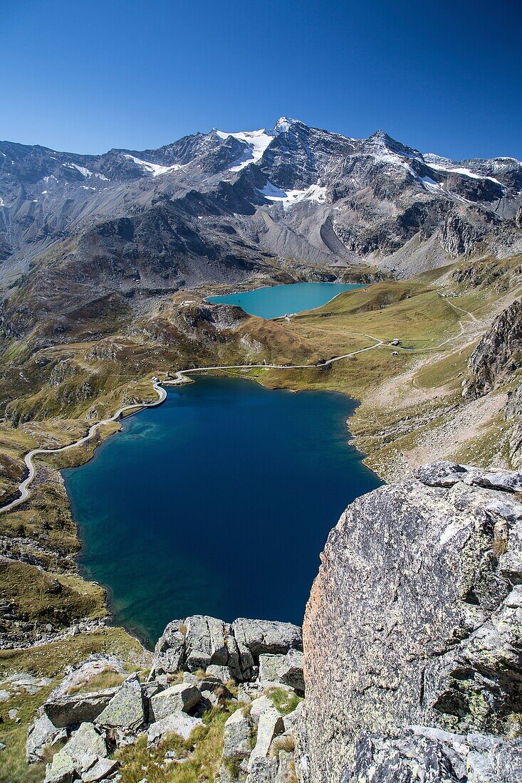 View of lake Agnel and lake Serru. Hill of Nivolet. Alpi Graie. Ceresole Reale. Piedmont.