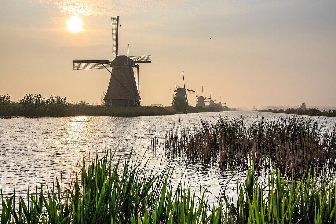 Morning sun just risen shines in the canal where windmills are reflected Kinderdijk Rotterdam South Holland Netherlands Europe.