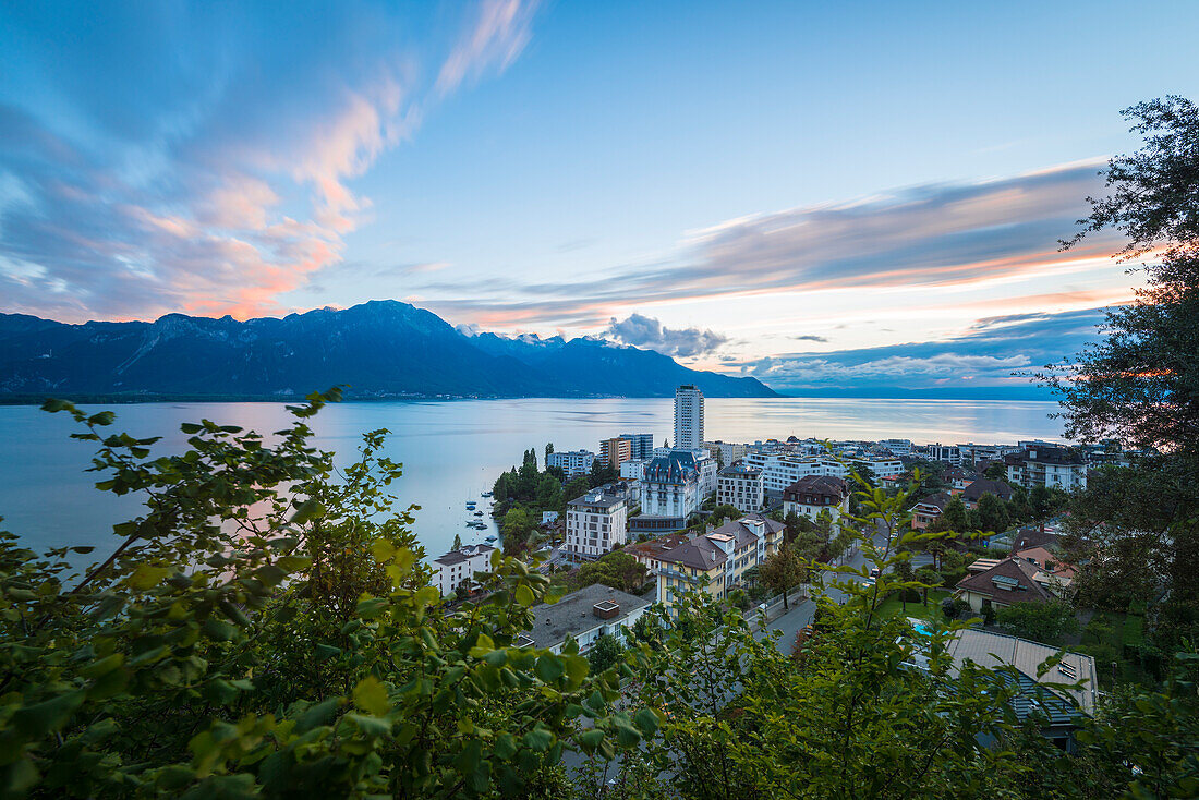 Montreux in the sunset, Canton of Vaud, Switzerland, Swiss alps