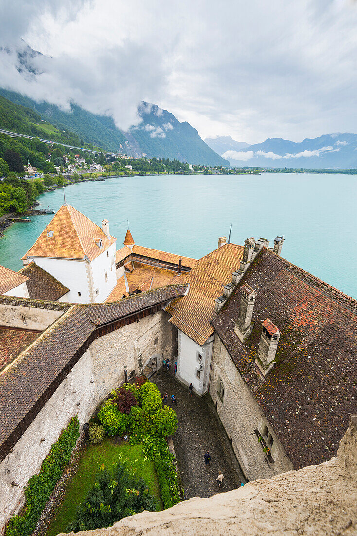 Leman lake viewed from the tower of Chillon castle, Canton of Vaud, Switzerland, Swiss alps