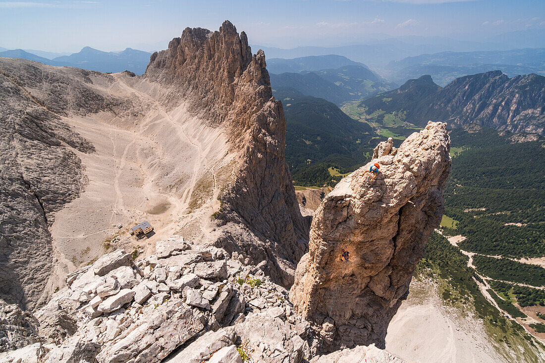 Panoramic view during climbing Stabeler Tower at Torri del Vajolet, Fassa Valley, Dolomites, Trentino, Italy