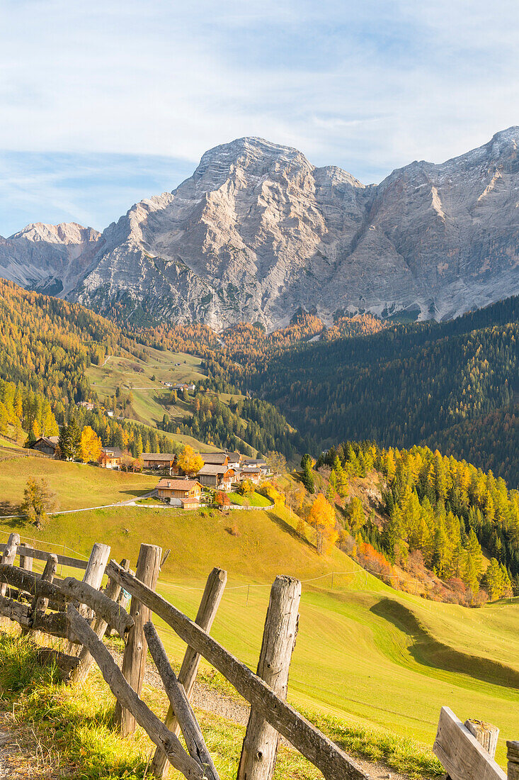 The meadows of La Villa in DOlomites during autumn. La villa, Val Badia, Trentino ALto Adige, Italy