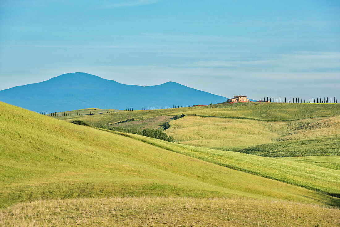 Italy, Tuscany, Orcia Valley, Farmhouse on the hill
