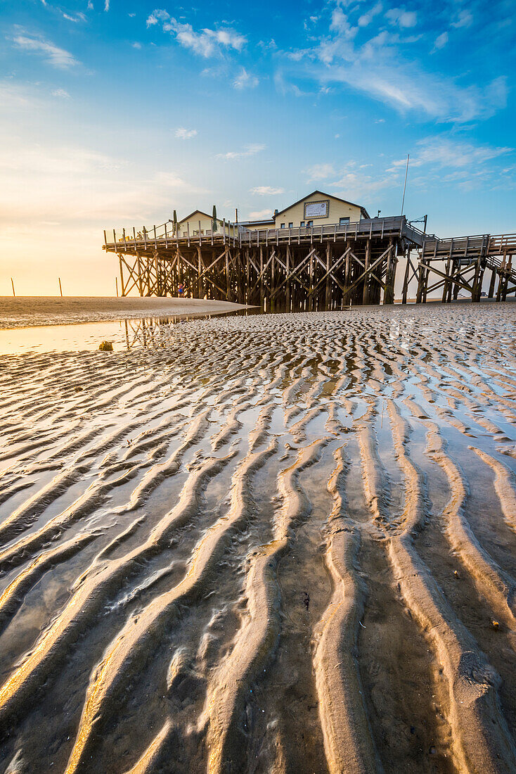 Sankt Peter-Ording, Eiderstedt, North Frisia, Schleswig-Holstein, Germany, Stilt house on the Wadden sea with low tide