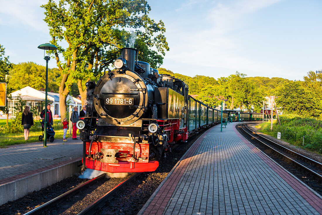 Rugen Island, Baltic coast, Mecklenburg-Western Pomerania, Germany. The historical Rugensche Baderbahn steam train called 'Rasender Roland'.