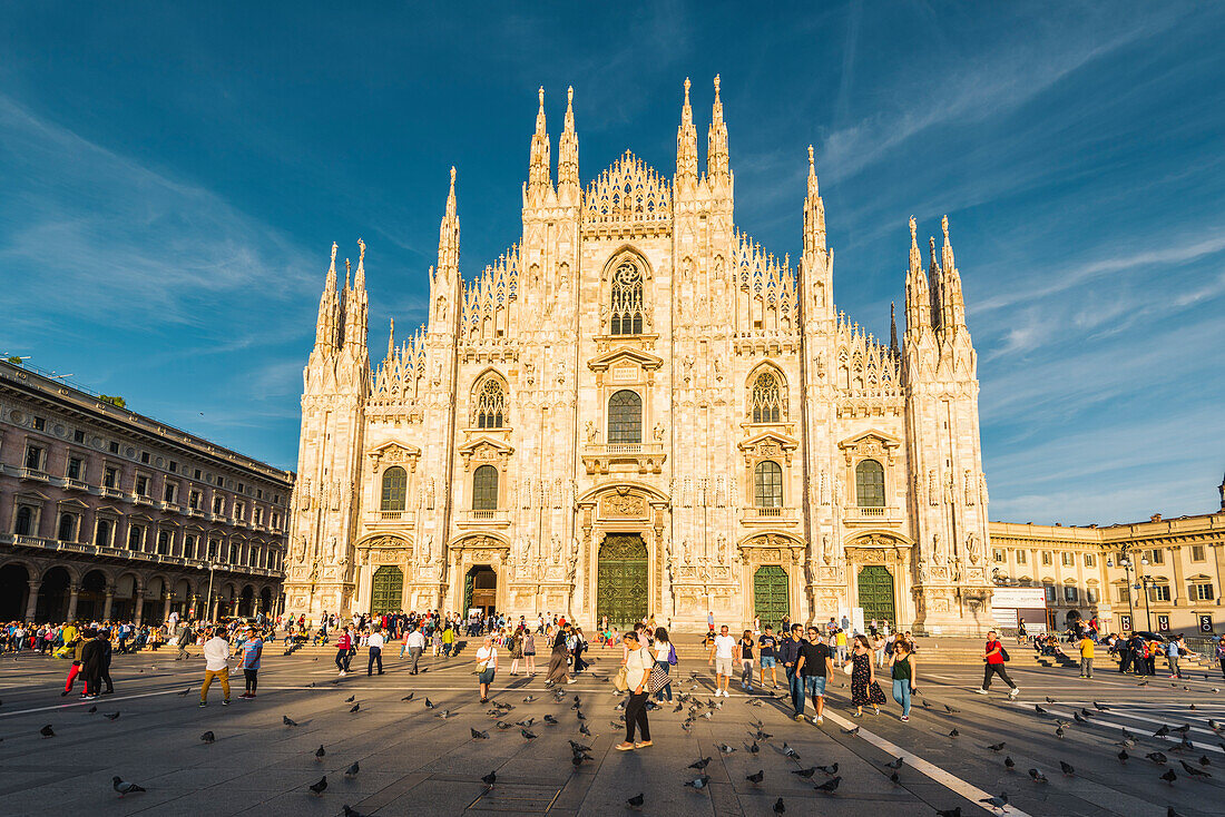Milan, Lombardy, Italy, The facade of the Milan's Cathedral (Duomo) at sunset