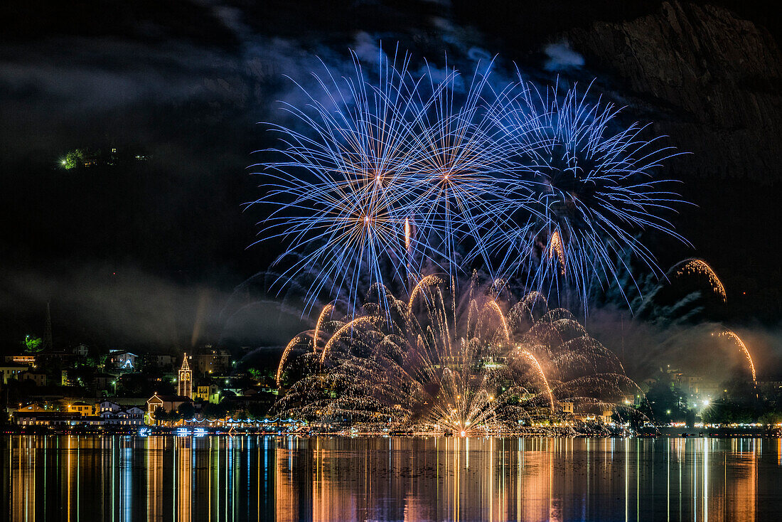 Fireworks during Madonna della Neve festival on Pusiano Lake, Pusiano, Como province, Lombardia, Italy, Europe