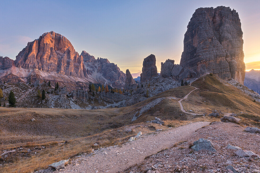 The Cinque Torri (Five Towers) at sunrise, Dolomites, Belluno, Veneto, Italy