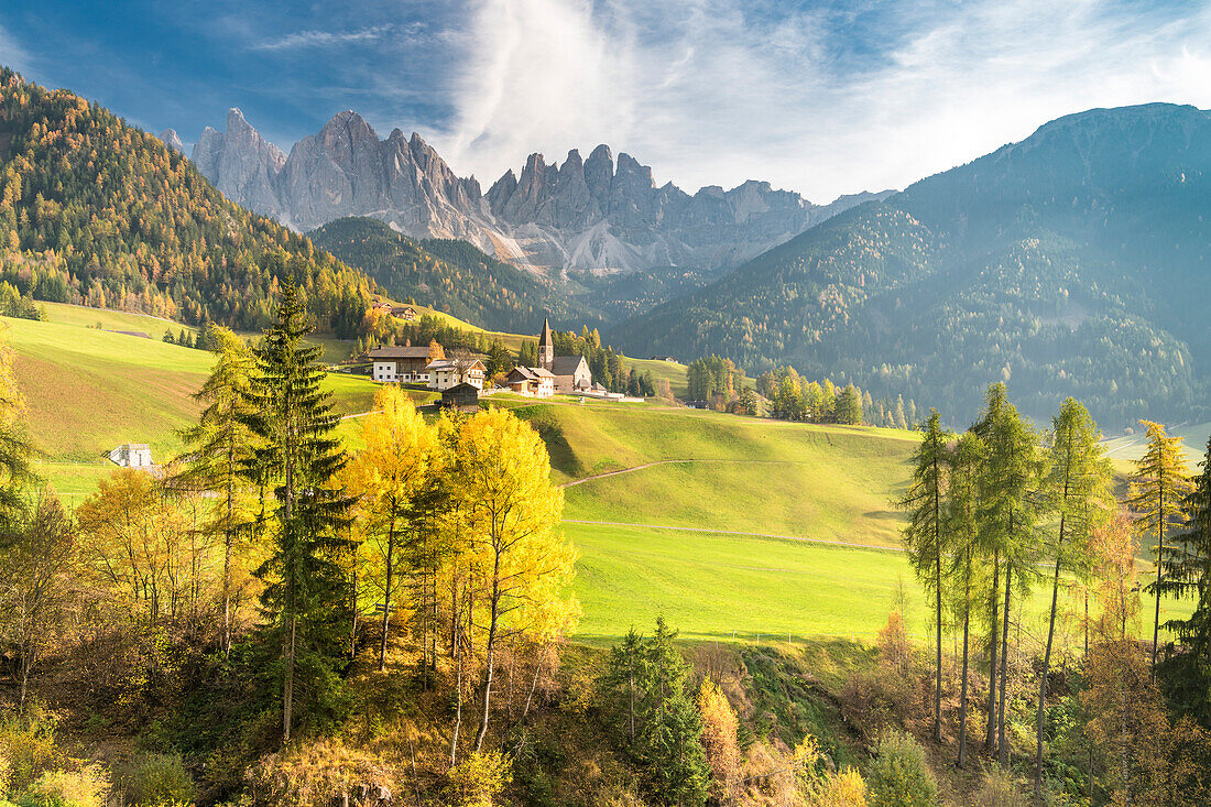 Funes Valley, Dolomites, province of Bolzano, South Tyrol, Italy, Autumn in Santa Maddalena and the peaks of Odle in the background