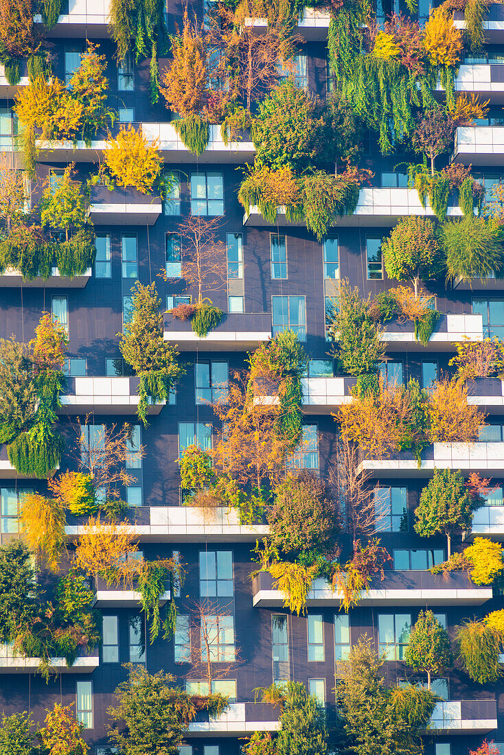 Milan, Lombardy, Italy. Details of the Bosco Verticale building.