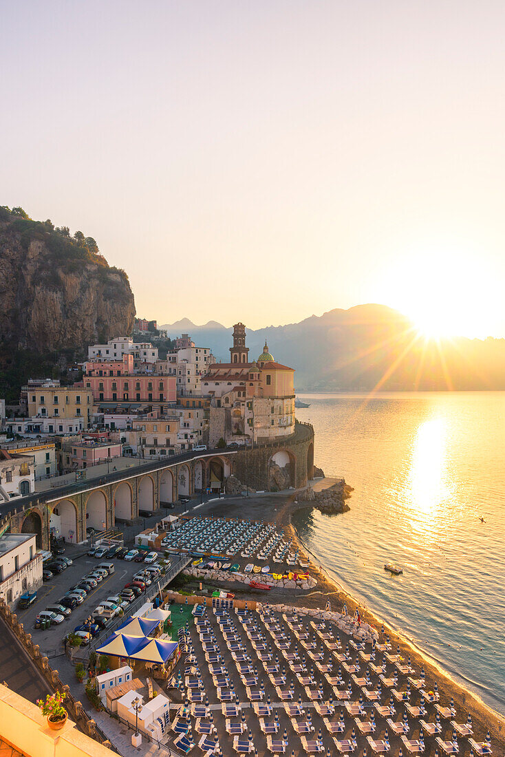 Atrani,Amalfi coast,Salerno province,Campania,Italy View of the small village of Atrani during the sunrise.