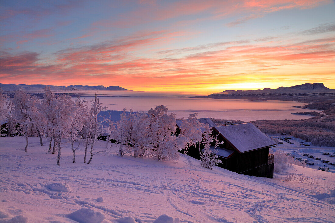 Sunrise on the snowy landscape, Bjorkliden, Abisko, Kiruna Municipality, Norrbotten County, Lapland, Sweden