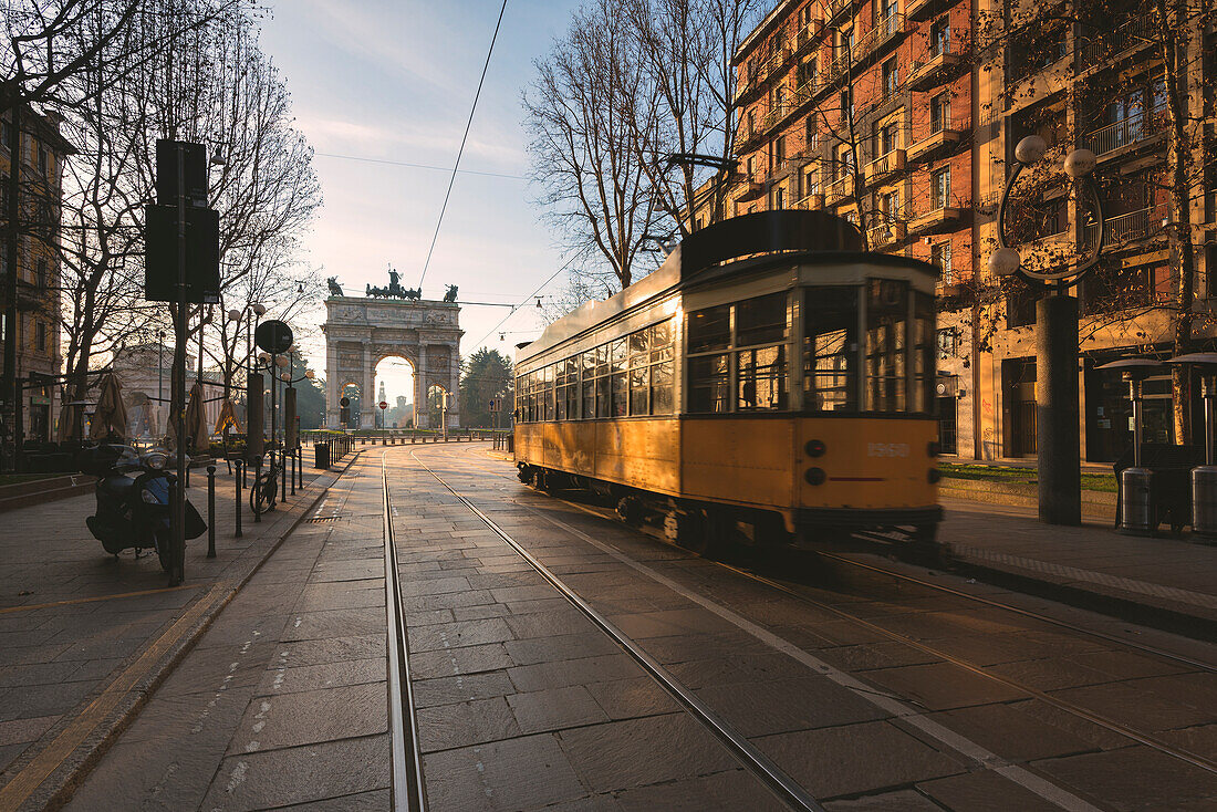 Milan, Lombardy, Italy, Porta Sempione or Arco della Pace at sunrise