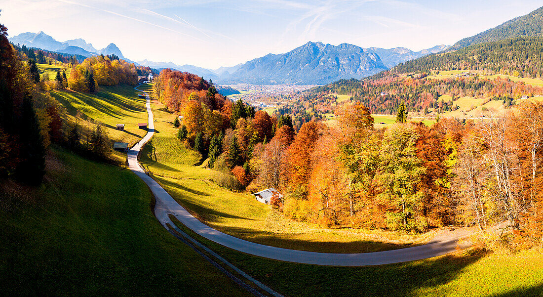 The iconic Wamberg Church, with Mount Waxenstein on the background, Wamberg, Garmisch Partenkirchen, Bayern, Germany