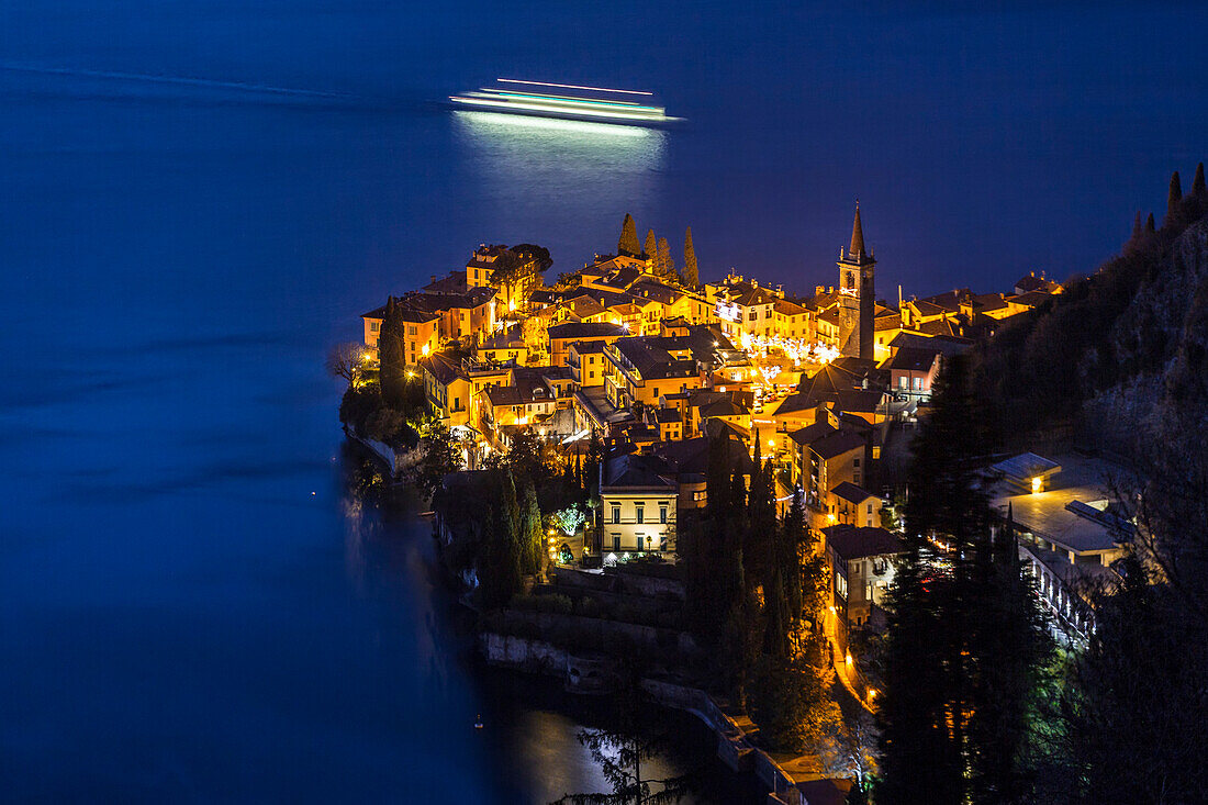 Lombardy, Italy, Como lake, the ferry of Varenna village by night