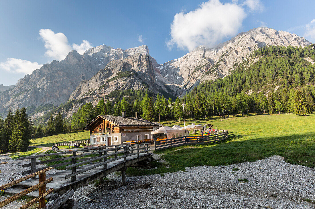 Malga Foresta with Croda del Becco in background, Val Foresta, Dolomites, province of Bolzano, South Tyrol, Italy