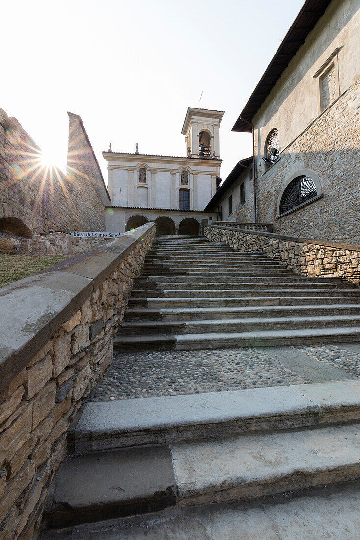 Staircase and facade of the ancient monastery of Astino, Longuelo, province of Bergamo, Lombardy, Italy, Europe
