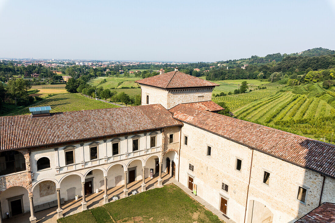 The courtyard of ancient monastery of Astino seen from the bell tower, Longuelo, province of Bergamo, Lombardy, Italy, Europe