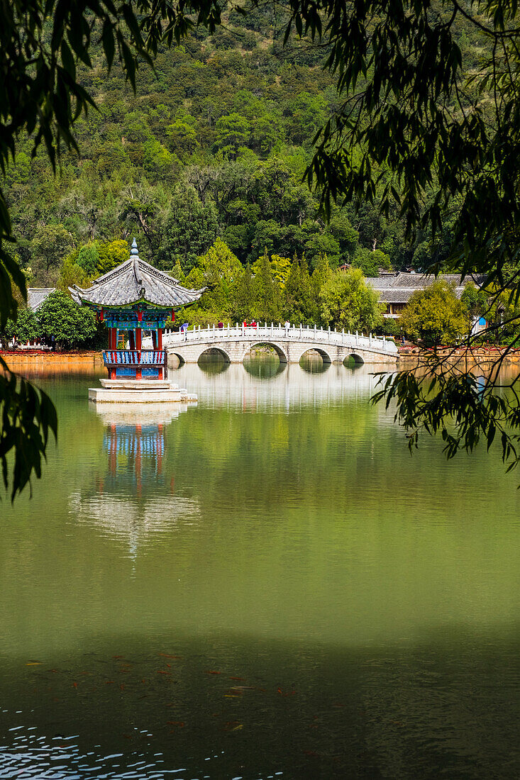 Arched bridge at Black Dragon Pool, Lijiang, Yunnan Province, China, Asia, Asian, East Asia, Far East