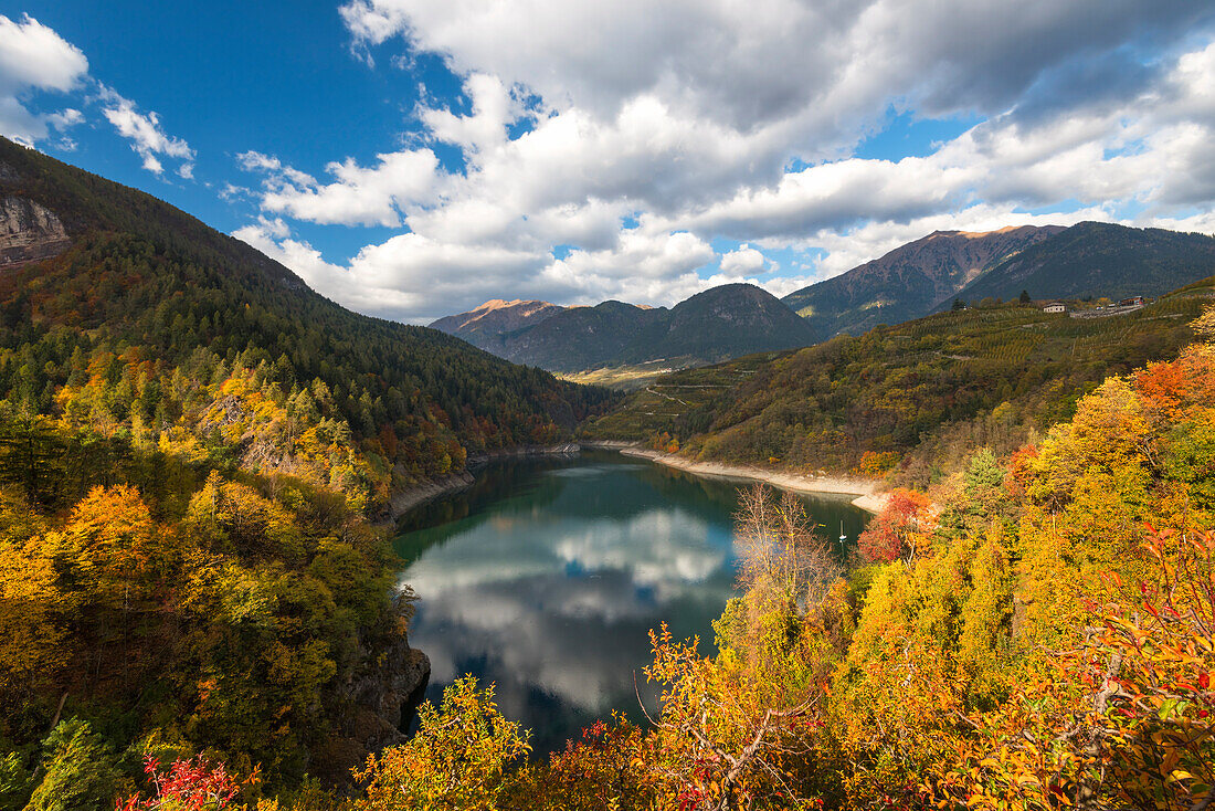 Santa Giustina lake in autumn Europe, Italy, Trentino Alto Adige, Non valley, Cles, Trento district