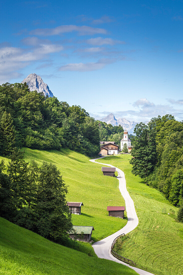 Wamberg village with Mount Waxenstein on the background, Garmisch Partenkirchen, Bayern, Germany.