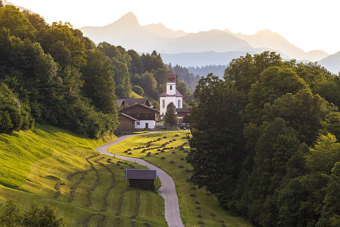 The iconic Wamberg Church. Wamberg, Garmisch Partenkirchen, Bayern, Germany