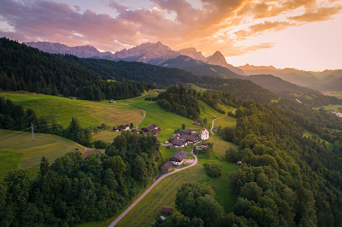 Aerial view of the iconic Wamberg village, near Garmisch Partenkirchen, Bayern Alps, Germany