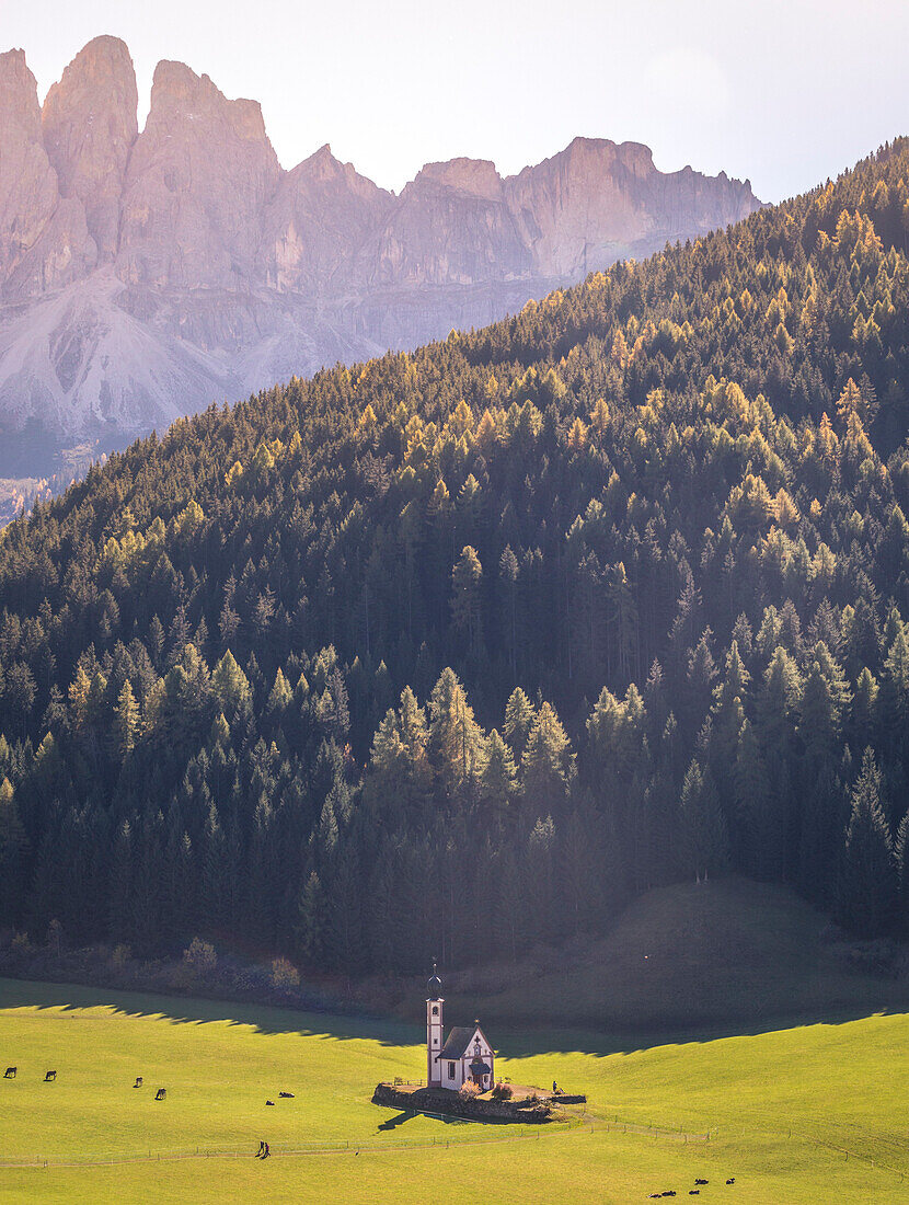 Funes Valley with San Giovanni ranui Church. Puez Odle Natural Park, South Tyrol, Italy