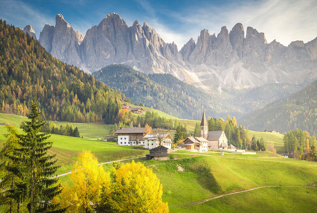 The village of Santa Magdalena with the Odle Group on the background. Funes Valley, Bolzano Province, Trentino Alto Adige, Italy