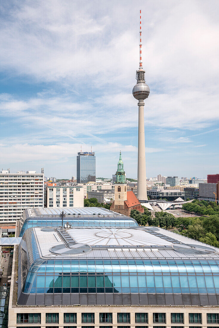 The roofs of DDR Museum and Berliner Fernsehturm tower from Berliner Dom, Berlin, Germany Europe