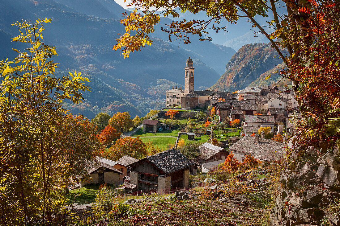 The village of Soglio framed by the autumn, Maloja region, Canton of Graubunden, Bregaglia valley, Switzerland, Europe