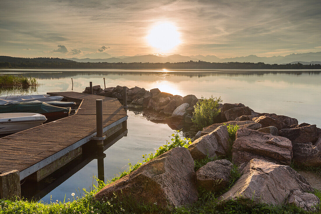 Sunset on lake front of lake Varese from Cazzago Brabbia, Varese province, Lombardy, Italy, Europe