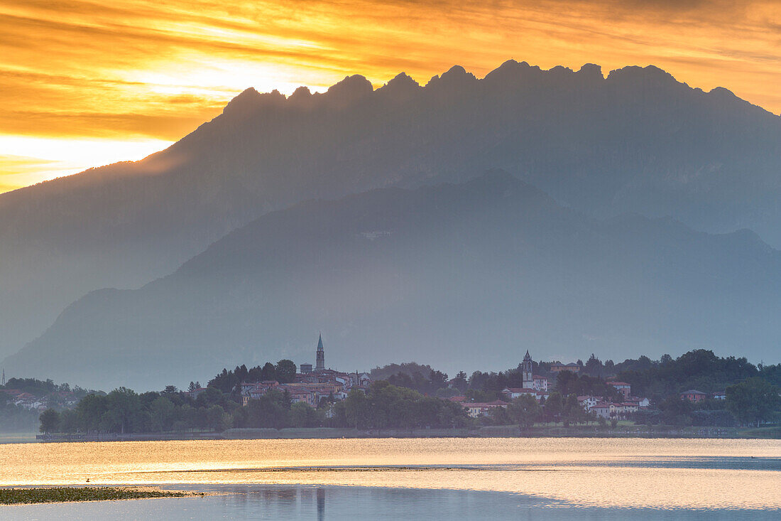 Sunrise on Bosisio Parini with Resegone mount on background, lake Pusiano, Lecco province, Brianza, Lombardy, Italy, Europe