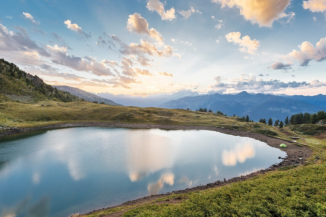 Lake Chamolé at sunset, Pila, Gressan, Aosta Valley, Italy