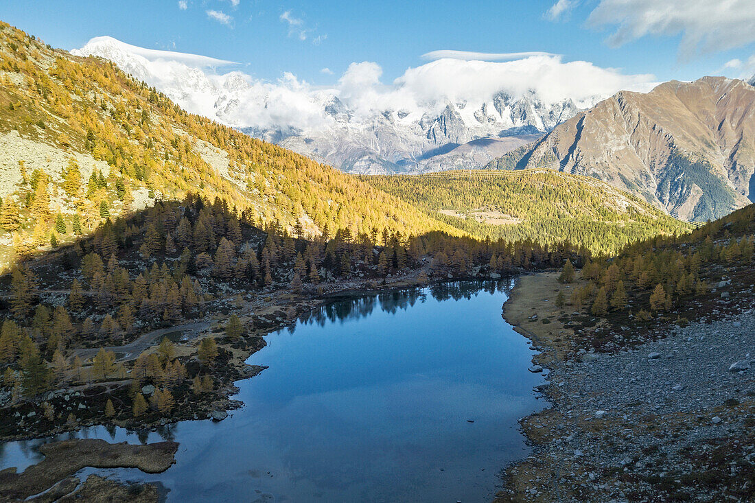 Aerial view of Arpy Lake in autumn, Morgex, Aosta Valley, Italy, Europe