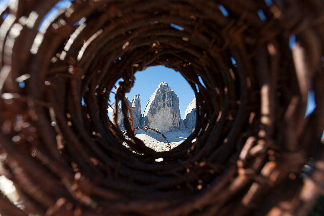 Barbed wire of WWI in front of Drei Zinnen, Dolomites, Toblach, Bozen, South Tyrol, Italy