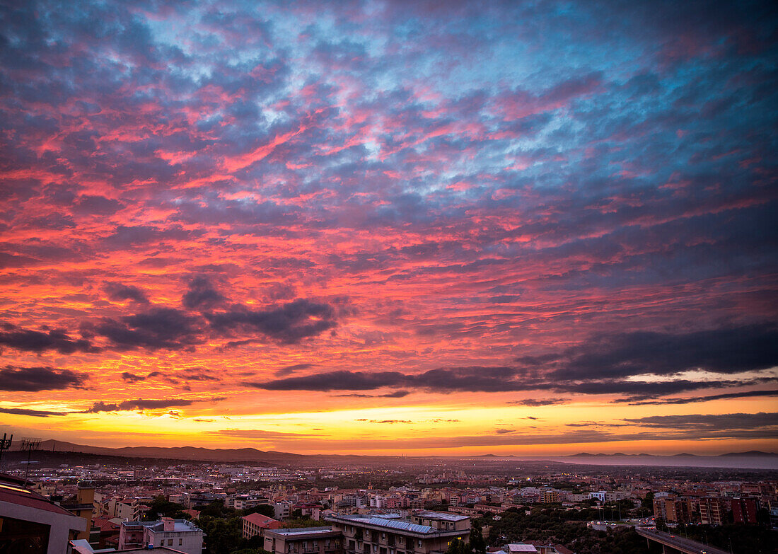 Sunset over the city of Sassari, Sardinia, Italy, Europe