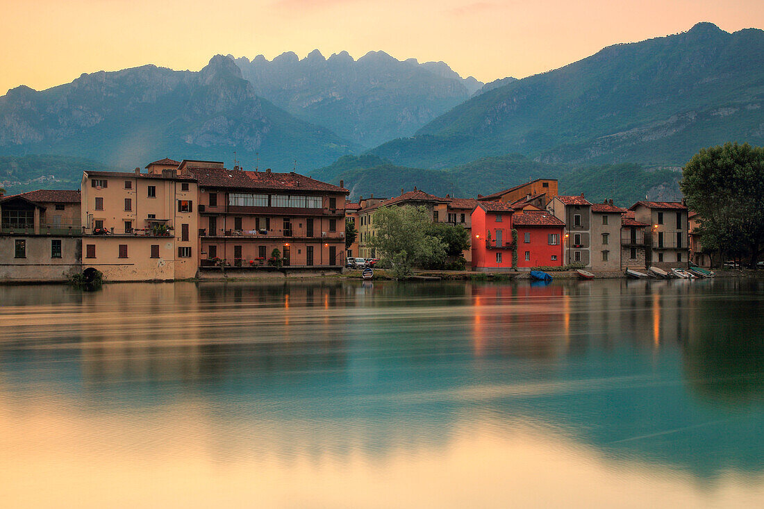 Sunrise on the mount Resegone and Pescarenico, Pescarenico, Lecco province, Lombardy, Italy, Europe