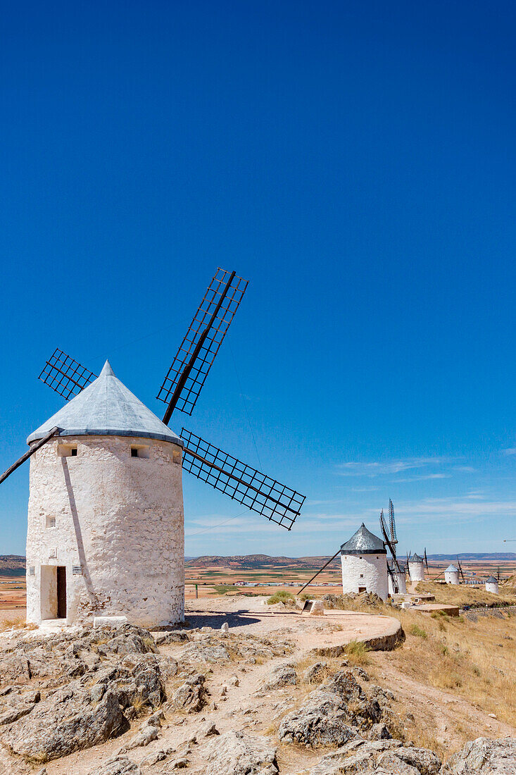 White windmills in Consuegra, La Mancha, Spain