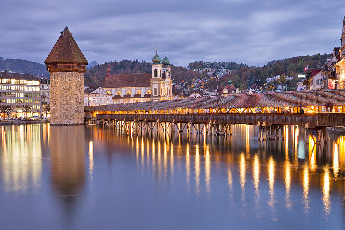 Kapellbrucke bridge illuminated, Lucerne, canton of Lucerne, Switzerland