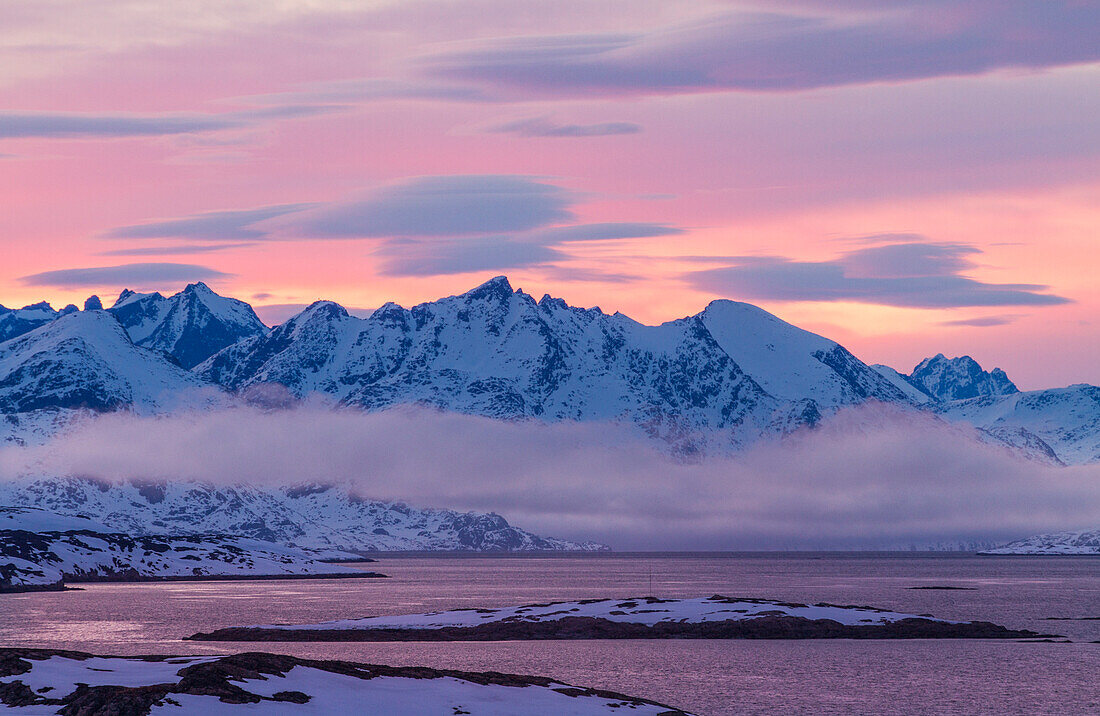 Mountainscape at sunset of the artic sea from Manitsoq, Greenland, Artic sea, Denmark