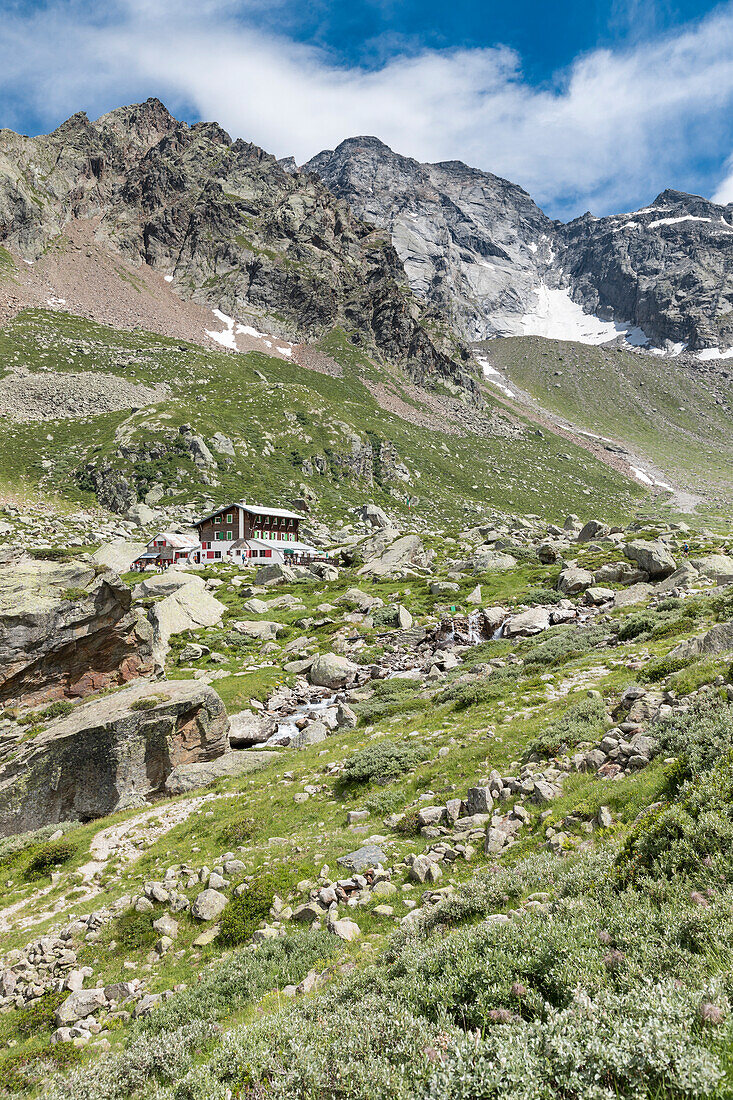 The Zamboni Zappa refuge at the foot of the East face of Monte Rosa Massif (Macugnaga, Anzasca Valley, Verbano Cusio Ossola province, Piedmont, Italy, Europe)
