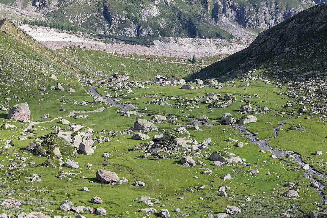 The Zamboni Zappa refuge at the foot of the East face of Monte Rosa Massif (Macugnaga, Anzasca Valley, Verbano Cusio Ossola province, Piedmont, Italy, Europe)