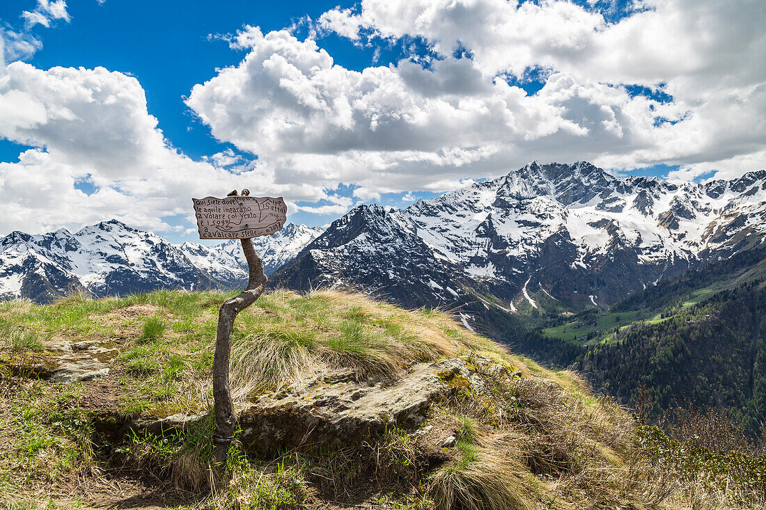 The welcome sign at Sattal Alp (Sattal Alp, Alagna Valsesia, Valsesia, Vercelli province, Piedmont, Italy, Europe)