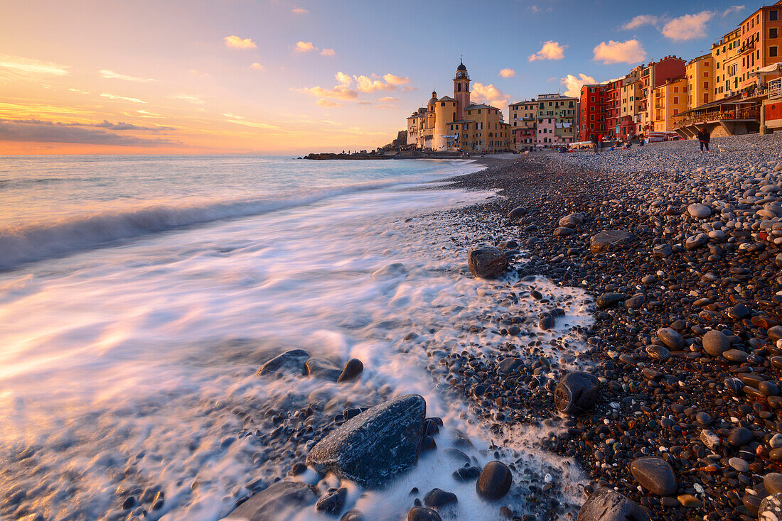 Beach at sunset. Camogli, Genoa Province, Liguria, Italy.